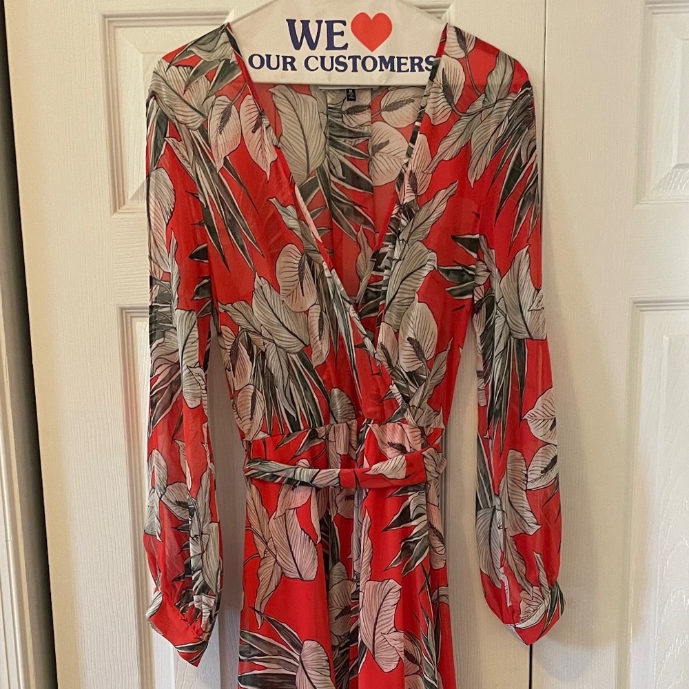 Long sleeve, floor length chiffon wrap dress